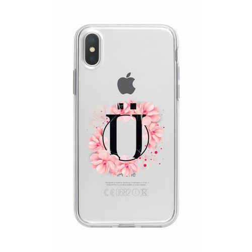 iPhone Xs Max Pembe Çiçek Desen Ü Harfli Şeffaf Kılıf