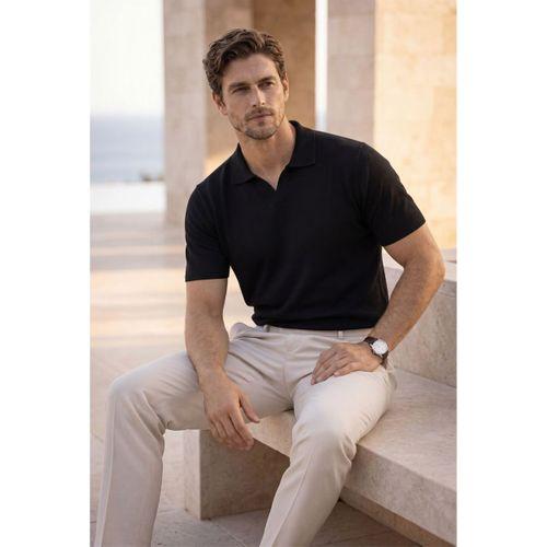 Dawson Polo V Yaka Düğmesiz Kısa Kollu İnce Triko Erkek T-Shirt - Siyah