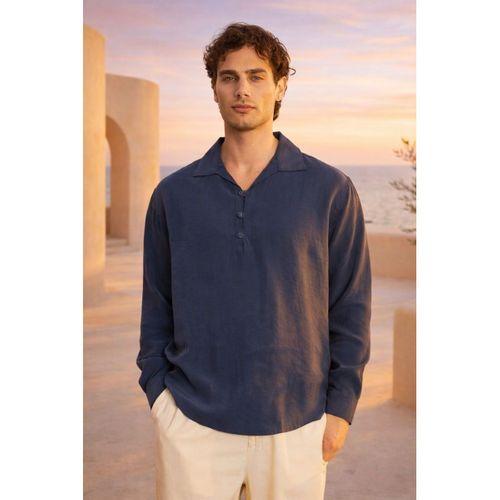 Baldwin Apaş Yaka Britli 3 Düğmeli İnce Modal Kumaş Oversize Uzun Kollu Yazlık Erkek Gömlek - Lacivert