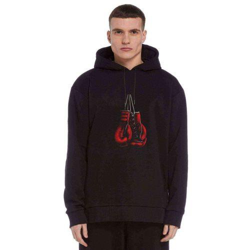 Boks Eldiveni Baskılı Siyah Erkek Kapşonlu Sweatshirt