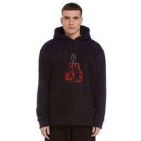 Boks Eldiveni Baskılı Siyah Erkek Kapşonlu Sweatshirt