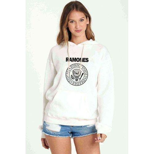 Ramones Baskılı Beyaz Kadın Kapşonlu Sweatshirt