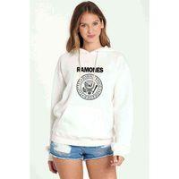 Ramones Baskılı Beyaz Kadın Kapşonlu Sweatshirt