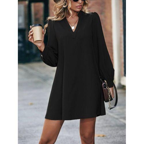 Kadın Uzun Kollu V Yakalı Arkadan Düğmeli Mini Ithal Krep Elbise