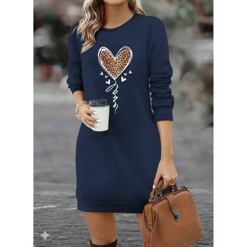 Kadın Uzun Kollu Bisiklet Yaka Kalp Desenli Kısa Viskon Elbise