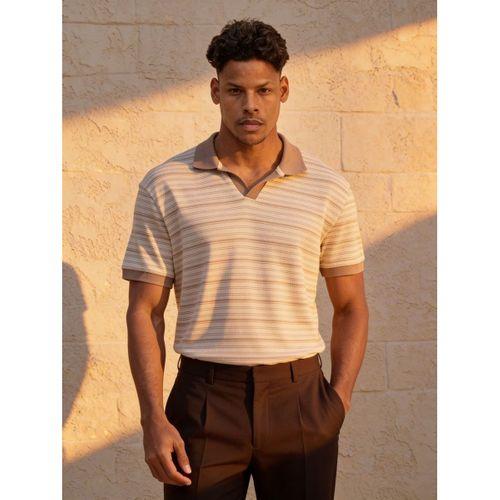 Gert Relaxed Fit Çizgili Pike Kumaş V Pat Polo Yaka T-Shirt - Bej