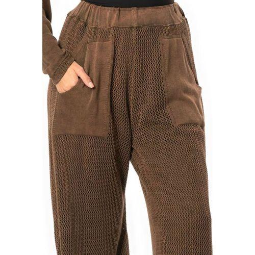 File Detaylı Bol Paça Beli Lastikli Uzun Sonbahar ve Kışlık Cepli Triko Pantolon Kahve Khv
