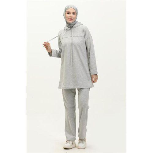 Kapşonlu Sweat Eşofman Sade Basic Spor Takım - 03056.008 - Gri