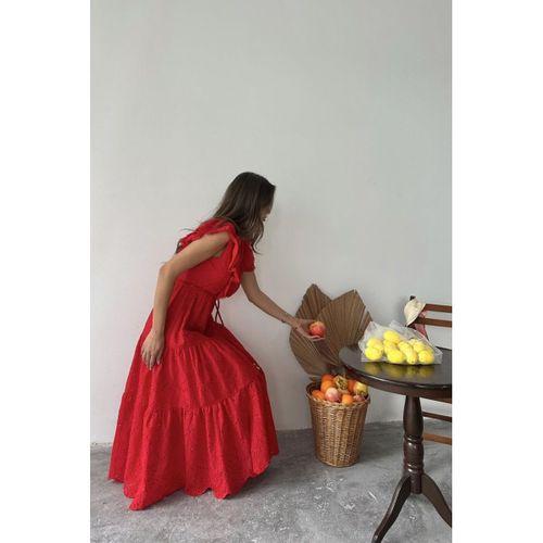 Kırmızı Fırfırlı Düğmeli Elbise