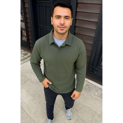 Erkek Fitilli Polar Sweatshirt – Düğmesiz Polo Yaka, Oversize Rahat Kalıp, Kalın Polar Kumaş, Kışlık Ve Baharlık Şık Günlük Üst - Haki