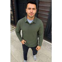 Erkek Fitilli Polar Sweatshirt – Düğmesiz Polo Yaka, Oversize Rahat Kalıp, Kalın Polar Kumaş, Kışlık Ve Baharlık Şık Günlük Üst - Haki