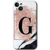 iPhone 14 Plus HD Baskılı Kılıf + 9D Tam Ekran Koruyucu - Pembe Mermer Desenli G Harfi