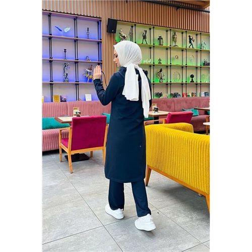 Kapşonlu Düğmeli Sade Basic Uzun Tunik ve Pantolon İkili Spor Takım - 03072.015 - Lacivert