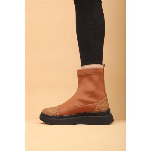 Afron Taba Renkli Taba Deri Detaylı Taşlı Siyah Taban Kışlık Kadın Bot