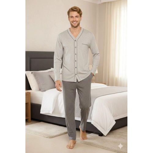 Kly V Yaka Boydan Düğmeli Battal Boy Erkek Pijama Takımı 9267 % 100 Pamuk