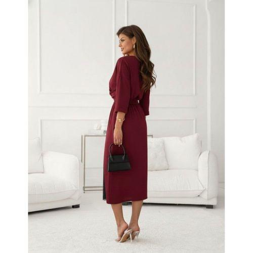 Kadın Uzun Kollu Kruvaze Yakalı Yandan Dantelli Midi Ithal Krep Elbise