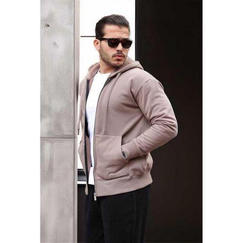 İçi Peluş Üç İplik Kumaş Oversize Fermuarlı Kapüşonlu Sweatshirt- Bej