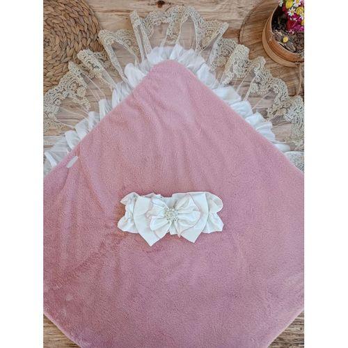 Yenidoğan Wool Yün Kumaş Taç Nakışlı Güpür Duvaklı Fiyonk Prizma Taş Unisex Kundak Bebek Battaniyesi Pembe