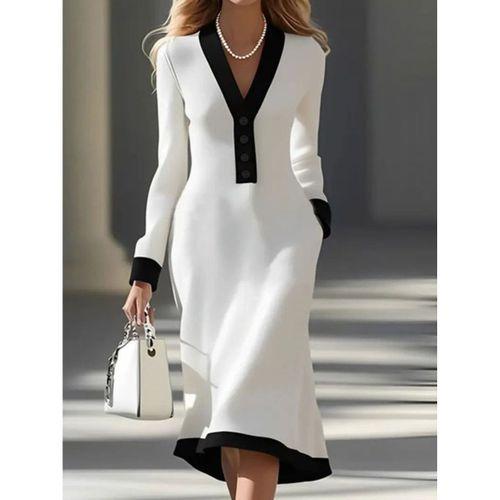 Kadın Uzun Kollu V Yakalı Düğmeli Midi Modal Elbise