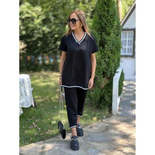 Kadın Kısa Kollu V Yakalı Iki Iplik Bluz Ve Pantolon Ikili Takım