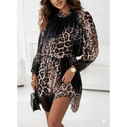 Kadın Uzun Kollu Balıkçı Yaka Leopar Desenli şifon Mini Elbise
