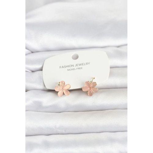 Pirinç Gold Renk Pembe Çiçek Model Çocuk Küpe