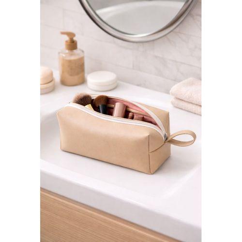 Deri Makyaj Kozmetik Çantası Seyahat Tipi Çanta Organizer Bej
