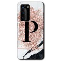 Huawei P40 Pro Kılıf HD Desen Baskılı Arka Kapak - Pembe Mermer Desenli P Harfi