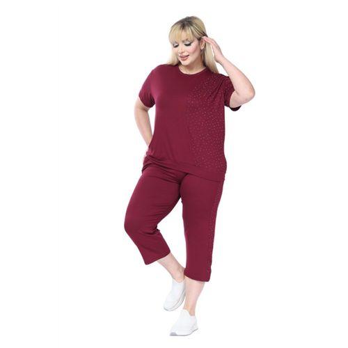 Melsay Butik Bordo Kısa Kollu Yarım Taş Baskılı Viskon Kapri Takım