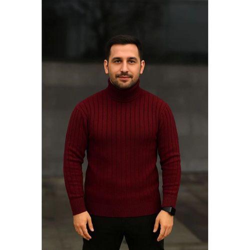 Erkek Balıkcı Yaka Bağazlı Triko Kazak Pamuklu Kalın Fitilli Dokuma, Regular Fit Uzun Kollu Kışlık Model - Bordo