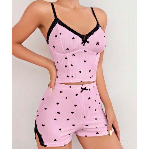 Pembe Kalp Desenli Askılı Şortlu Pijama Takım