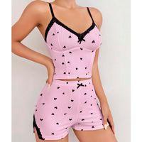 Pembe Kalp Desenli Askılı Şortlu Pijama Takım