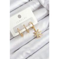 Pirinç Zirkon Taşlı Kutup Yıldızı Model Gold Renk 3'lü Set Kadın Küpe
