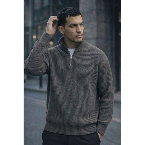 Nolan Oversize Selanik Örgü Yarım Fermuar Erkek Triko Kazak - Füme