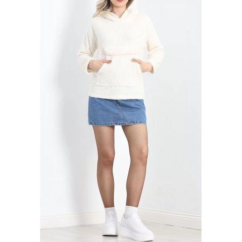 pilelistore Kanguru Cep Kapşonlu Peluş Sweat Ekru