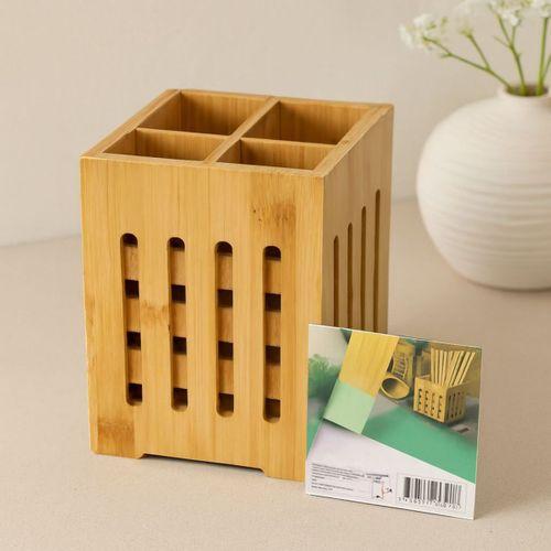 Ahşap Bambu 4 Bölmeli Kaşıklık Organizer (11x11 cm, Pencereli)