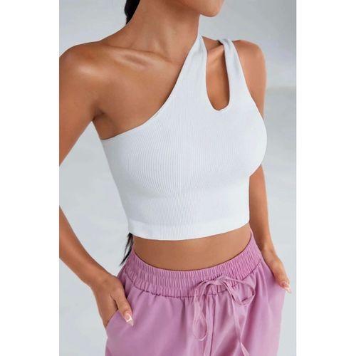 Kadın Beyaz Modern Fit Tek Omuz Cut Out Detaylı Crop Top Bluz