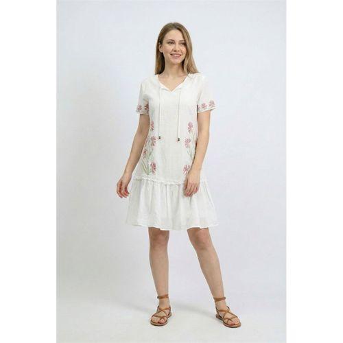 Kısa Kol Gülbin Bağcıklı V Yaka Nakışlı Yazlık Vual Kısa Elbise Beyaz Byz