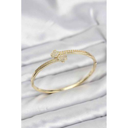 Pirinç Gold Renk Zirkon Taşlı Yonca Model Kadın Kelepçe Bileklik