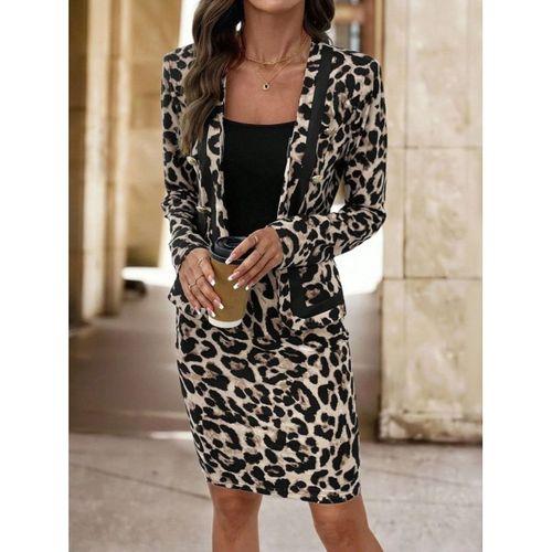 Kadın Uzun Kollu önü Açık Leopar Desen Modal Ceket Ve Etek Ikili Takım