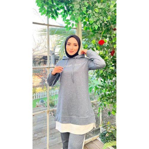Yazı Baskılı Garni Detaylı Kapşonlu Kısa Sweat Pantolon İkili Tesettür Eşofman Takımı - 03080.006 - İndigo