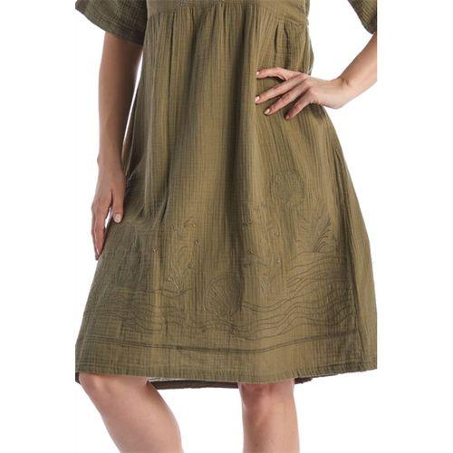 Kısa Kol Haki V Yaka Nakışlı Midi Boy Müslin Yazlık Elbise