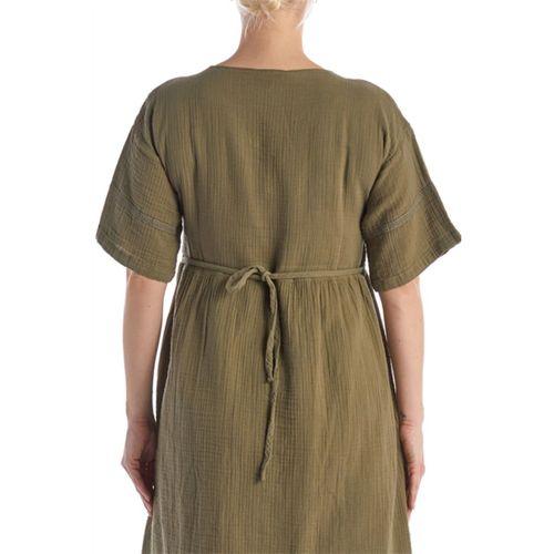 Kısa Kol Haki V Yaka Nakışlı Midi Boy Müslin Yazlık Elbise