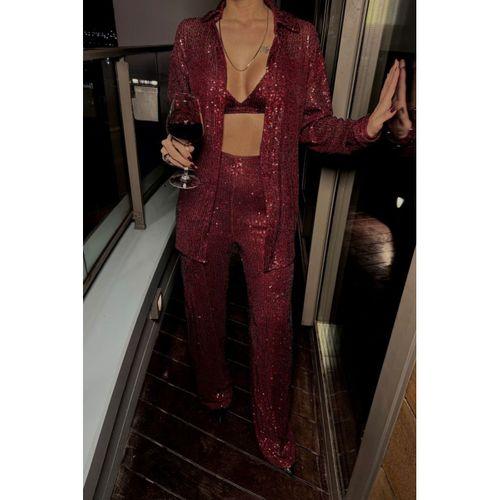 PUL PAYET 3 LÜ TAKIM - CEKET-BÜSTİYER-PANTOLON - Bordo