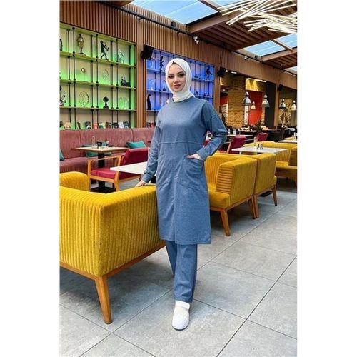 Önden İki Cepli Sade Basic Uzun Tunik Pantolon İkili Spor Takımı - 03067.006 - İndigo