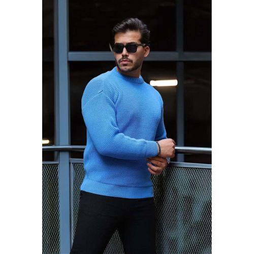 Oversize Selanik Örgülü Bisiklet Yaka Erkek Triko Kazak - Açık Mavi
