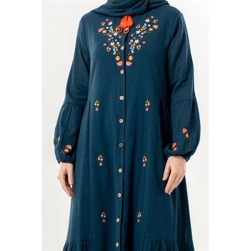 Uzun Kol Ala Nakışlı Püskül Bağcıklı Hakim Yaka Yazlık Şile Bezi Uzun Elbise Petrol Ptrl