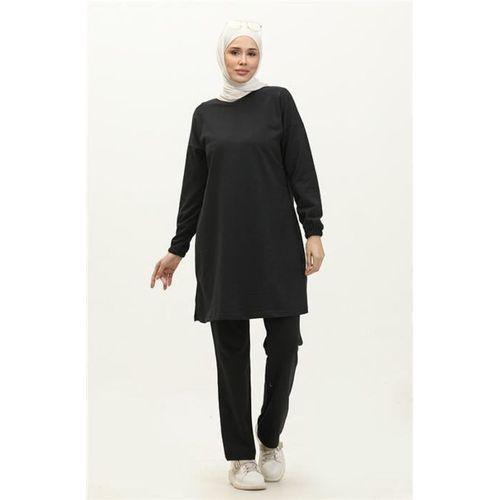 Yırtmaçlı Bisiklet Yaka Sade Basic Eşofman Spor İkili Takım - 03060.003 - Siyah