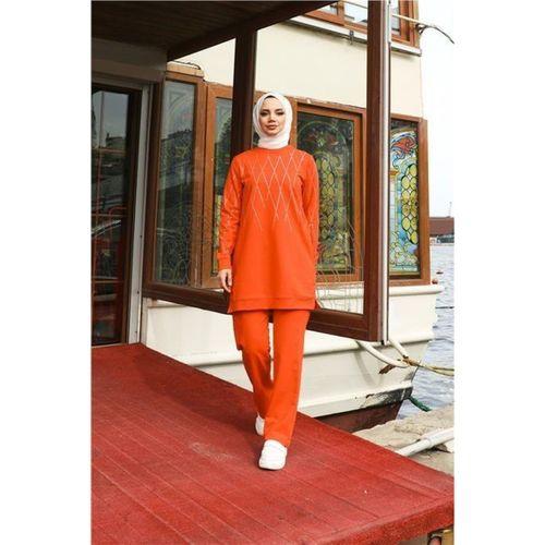 Çarpraz Taş Desenli O Yaka İkili Tesettür Eşofman Takımı - 71185.036 - Oranj