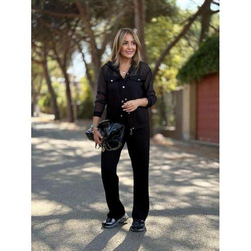 Kadın Uzun Kollu Tül Detaylı önü Düğmeli Viskon Iki Iplik Ceket Ve Pantolon Ikili Takım